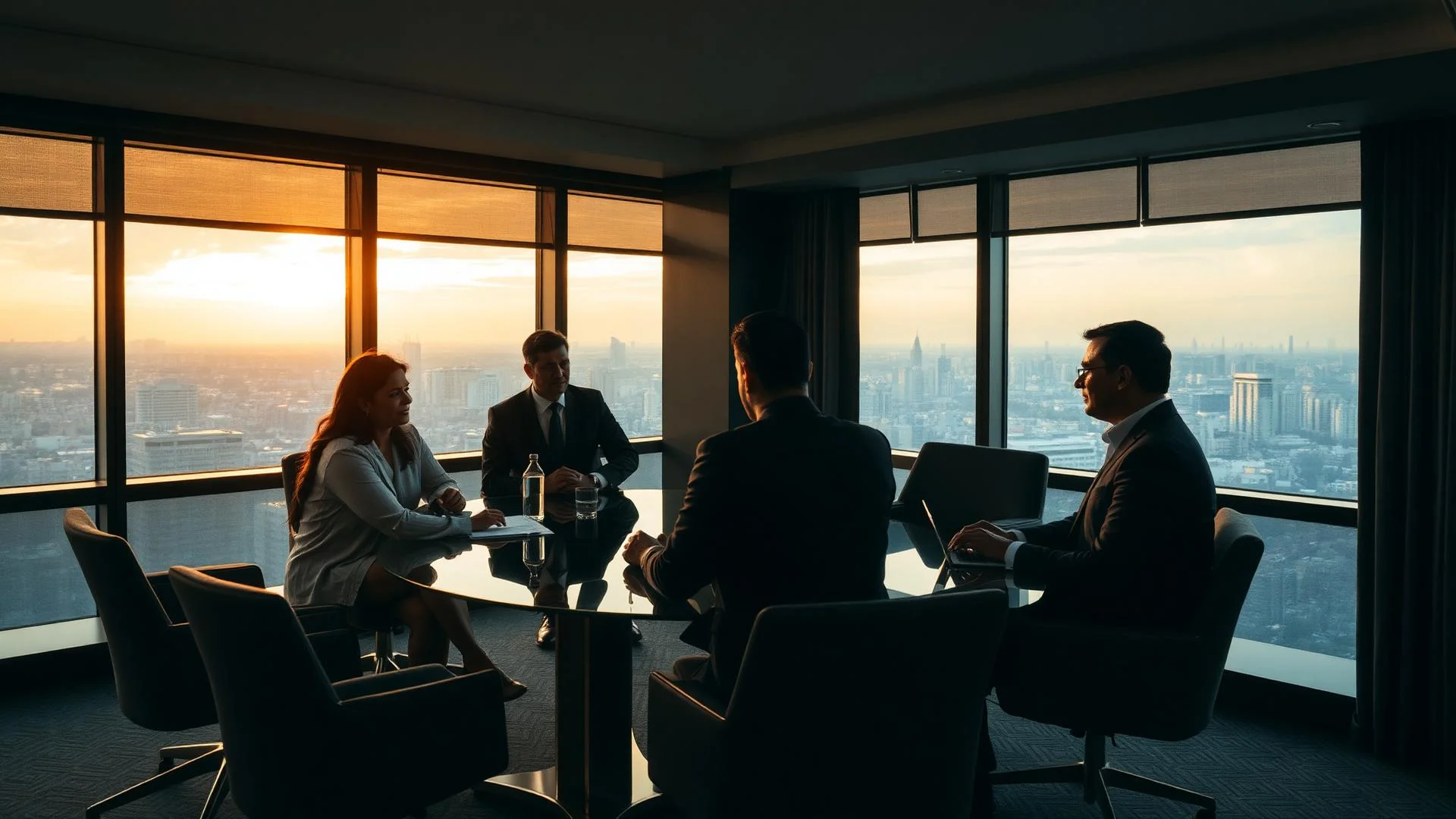 Exux Group advisory team in a Mumbai boardroom at golden hour